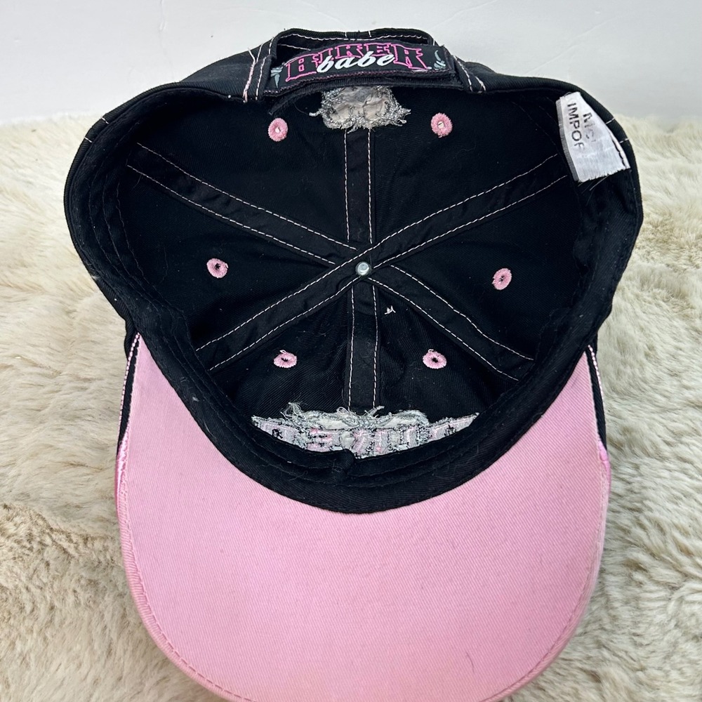 Biker Babe Embroidered Baseball Cap Black Pink Rhinestone‎ Heart Barbed Wire Hat - Picture 8 of 9